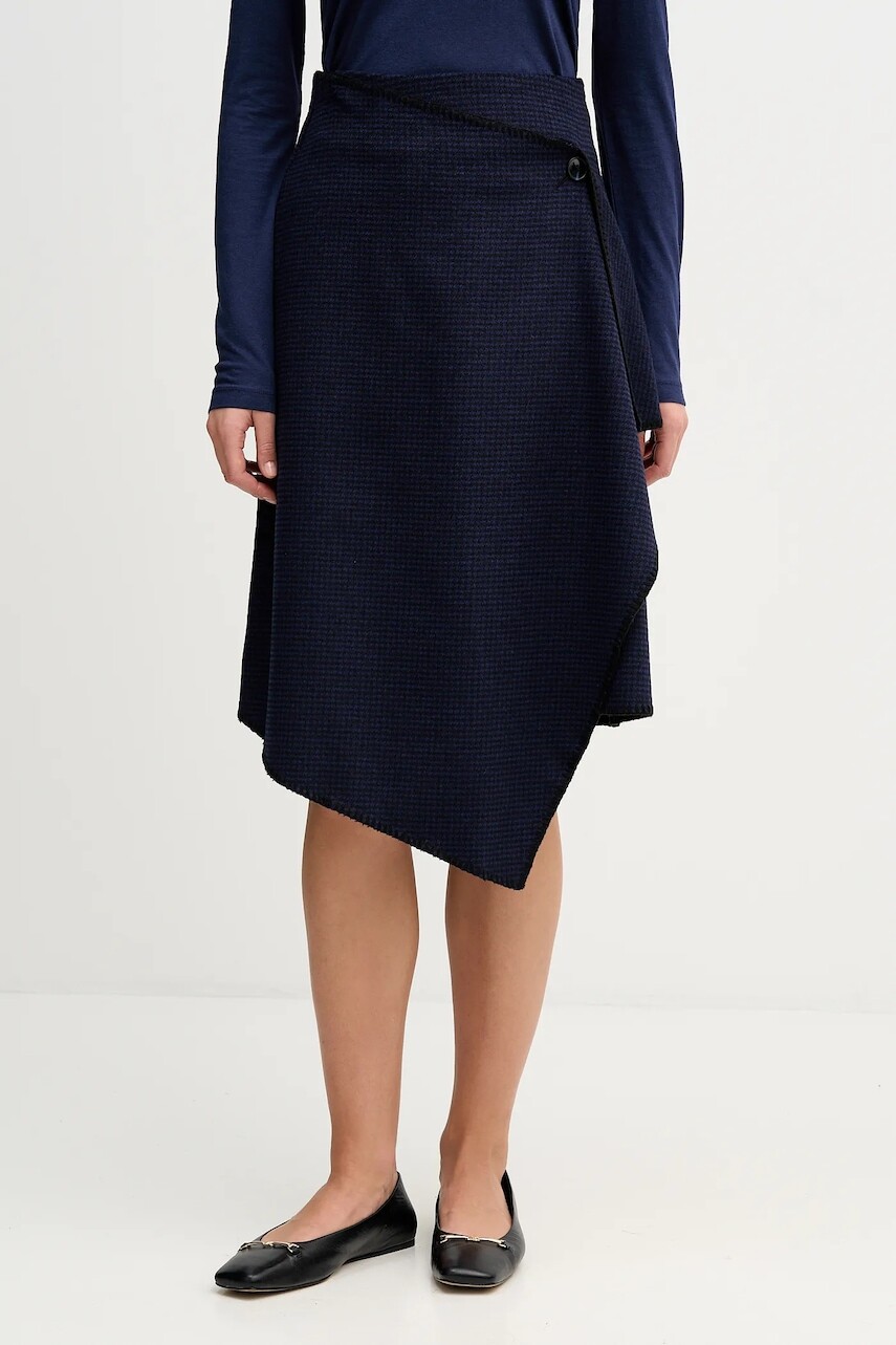 Sukňa s prímesou vlny Sisley tmavomodrá farba, midi, áčkový strih, 41JML0036