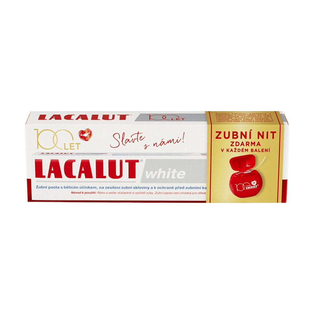 LACALUT White zubná pasta 75ml + dentálna niť 100 rokov edícia