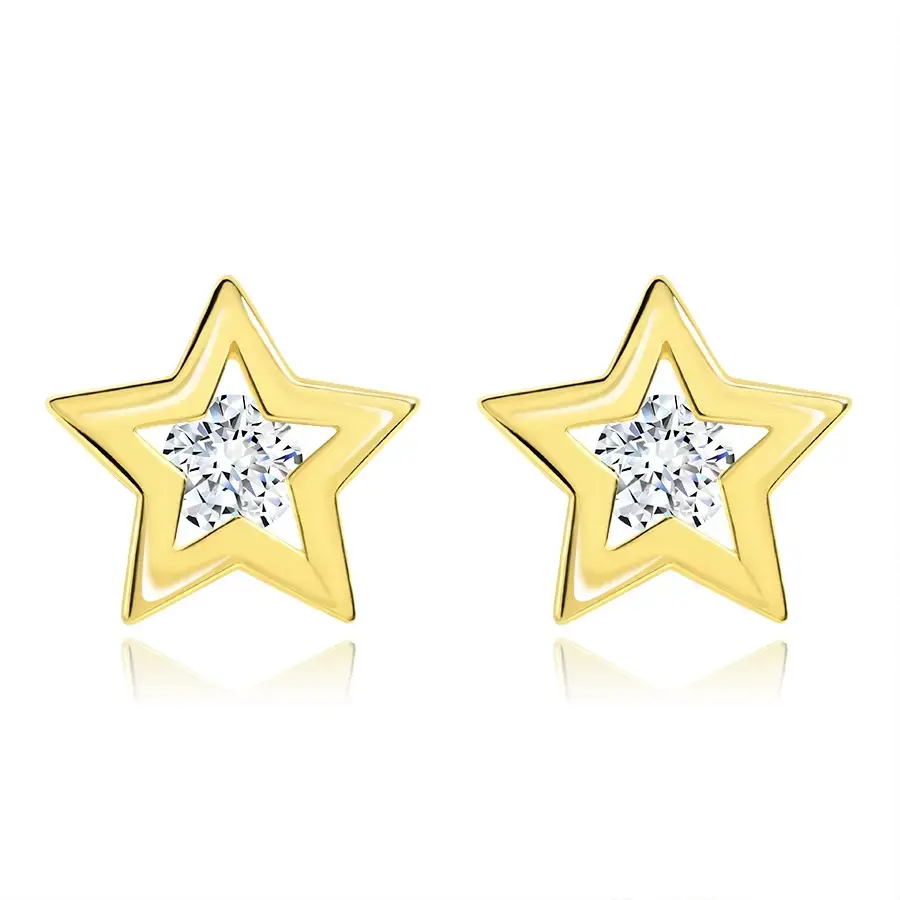 Náušnice zo žltého 14K zlata - lesklý obrys hviezdičky, číry zirkón