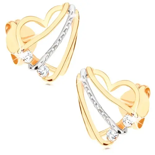 Zlaté náušnice 9K srdce s tromi šikmými líniami a zirkónmi