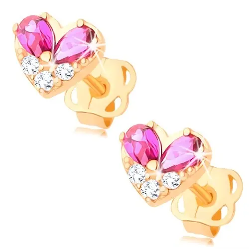 Zlaté 14K náušnice srdce s ružovými kvapkami a čírymi zirkónmi