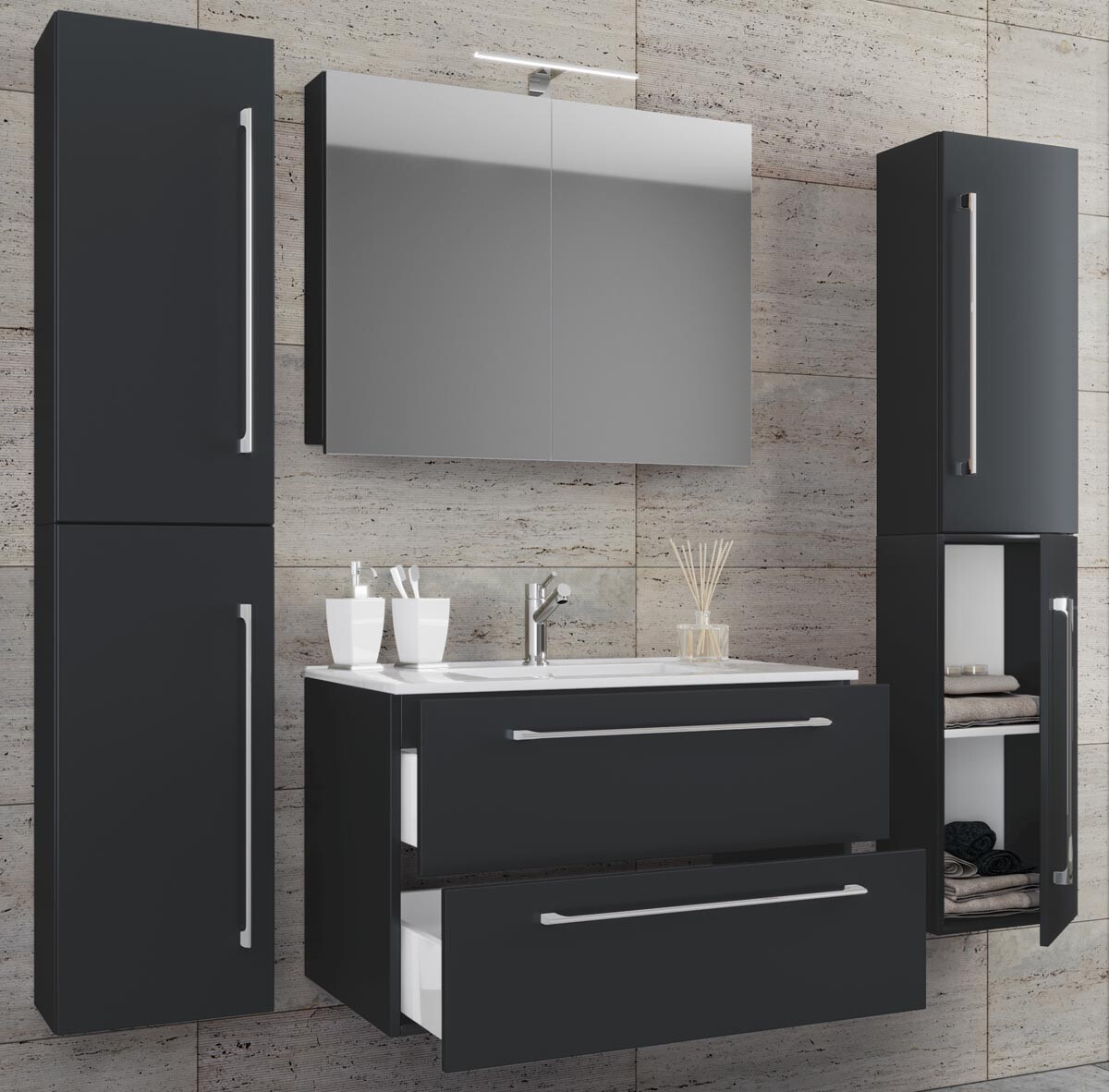 5-dielna umývadlová skrinka Badinos 2 zásuvky 80 cm so zrkadlom a 2 vysoké skrinky, čierna