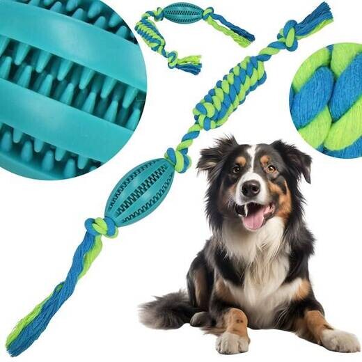 Hračka pre psa - lano s uzlom a gumená loptička na maškrty