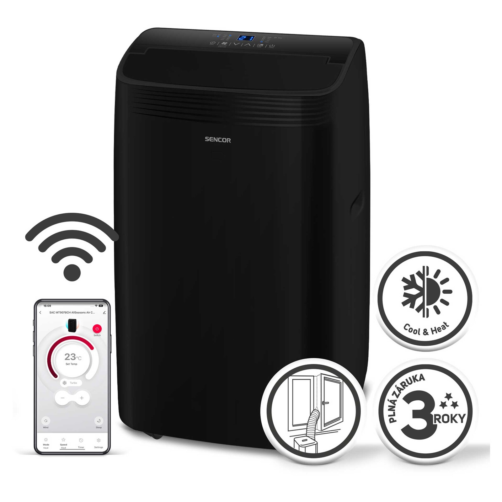Sencor SAC MT9079CH  Mobilná klimatizácia Wi-Fi AllSeasons A++ / A+++ - energeticky veľmi úsporná, Chladiaci výkon 9 000 BTU/h, výkon vyhrievania 8
