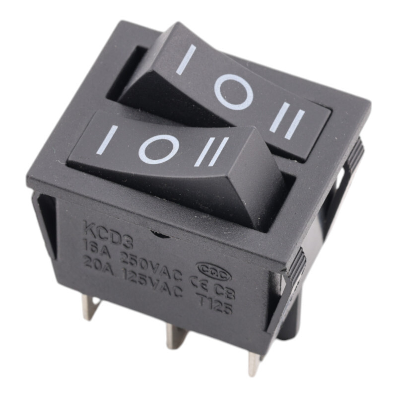 Kolískový vypínač obdĺžnikový dvojitý, KCD3, ON-OFF-ON, čierny 250V/15A