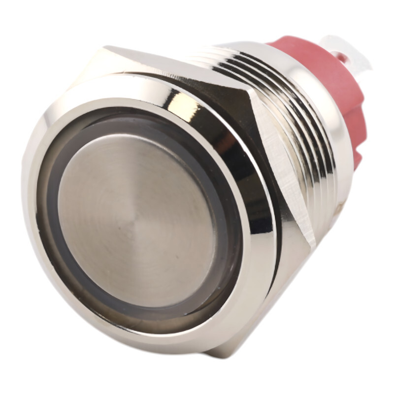 Spínač kovový s aretáciou, 15A, strieborný, priemer 21mm, IP65, Červená 12-24 V DC