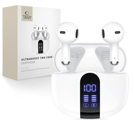 Tech-Protect Ultraboost Core G2 TWS bezdrôtové slúchadlá, biele