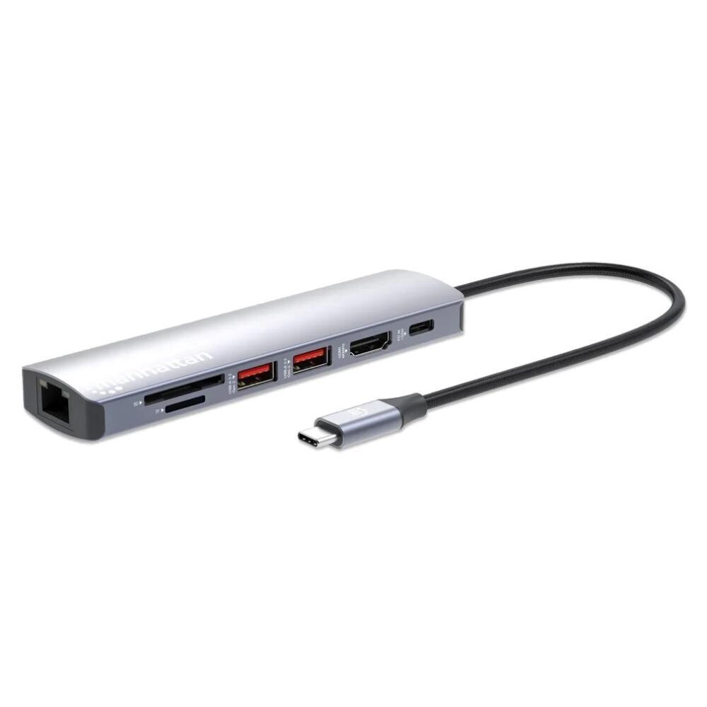 MANHATTAN Dokovacia stanica USB-C 7v1, 1xHDMI, 1xUSB-C, 2xUSB, 1xRJ45, čítačka SD kariet, sivá