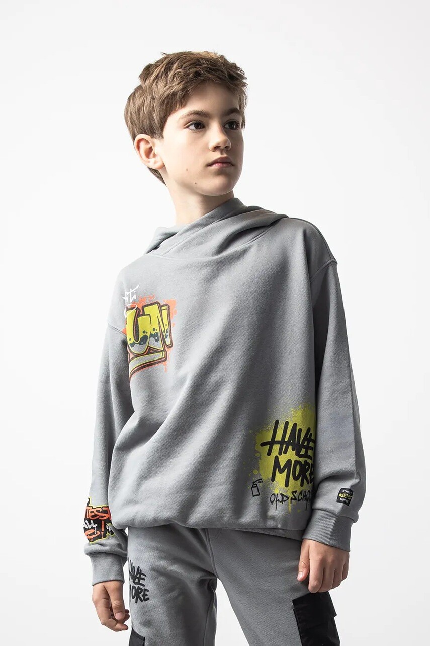 Detská bavlnená mikina Coccodrillo šedá farba, s kapucňou, s potlačou, SPORTS BOY JUNIOR