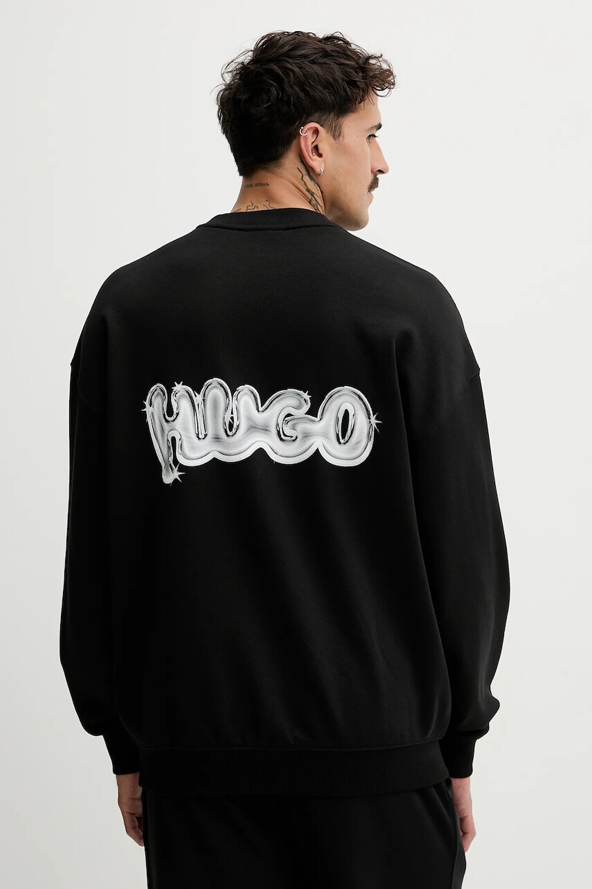 Bavlnená mikina Hugo Blue čierna farba, s kapucňou, s potlačou, 50549778