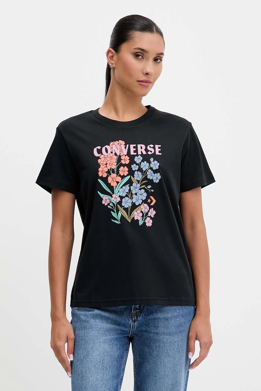 Bavlnené tričko Converse dámske, čierna farba, CVW5T235