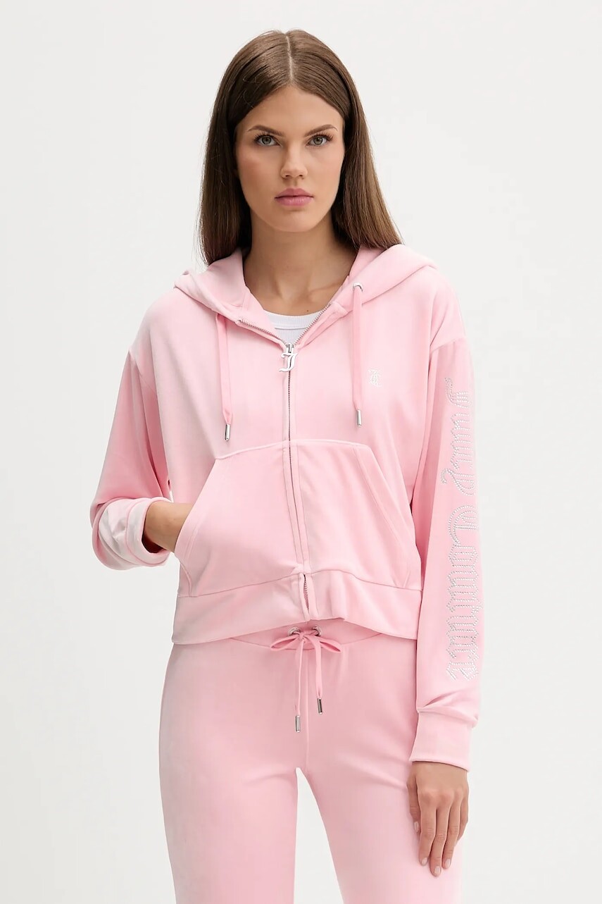 Velúrová mikina Juicy Couture ružová farba, s kapucňou, jednofarebná, JCWAS225310