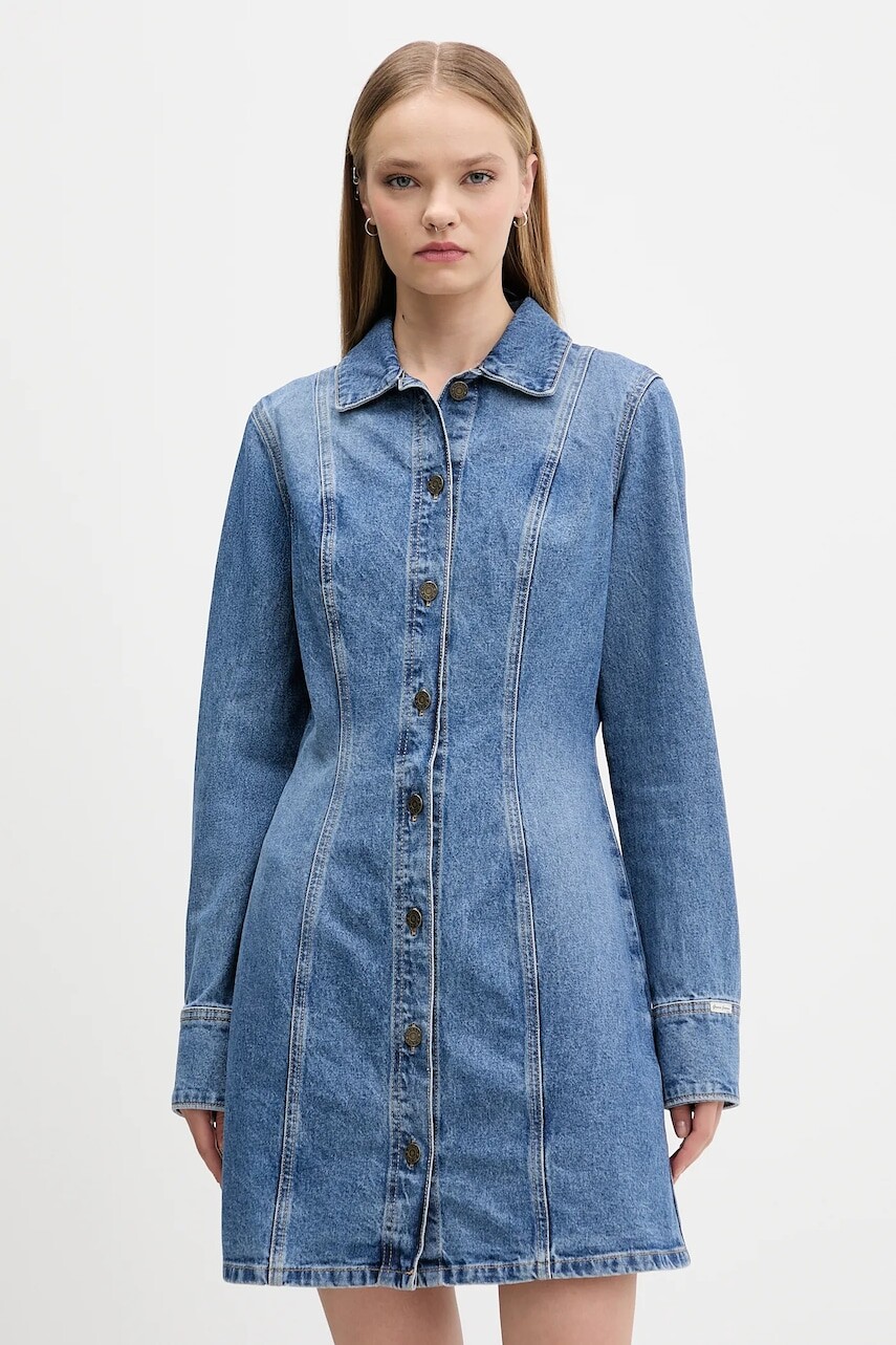 Rifľové šaty Guess Jeans modrá farba, mini, áčkový strih, W5BK48 D5M48