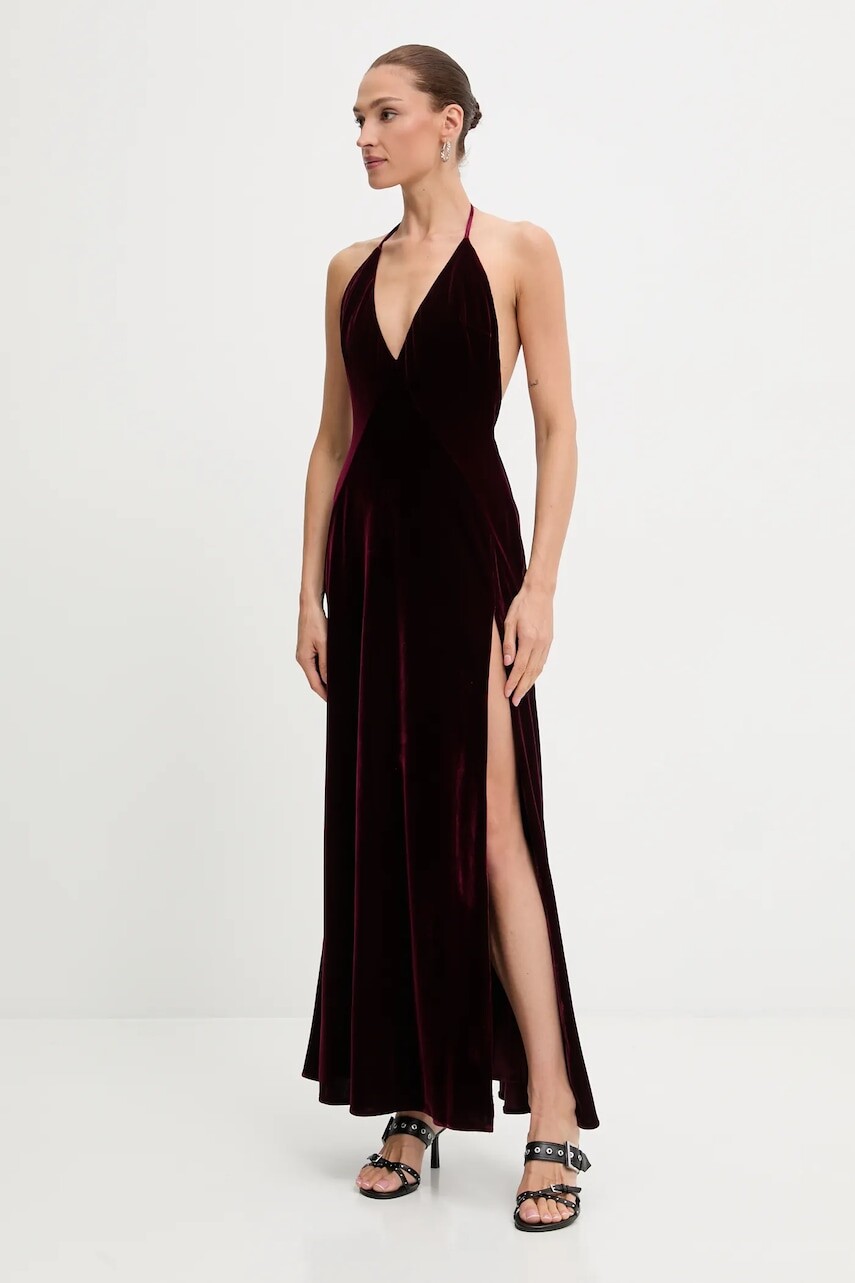 Zamatové šaty Bardot bordová farba, maxi, áčkový strih, 59315DB2