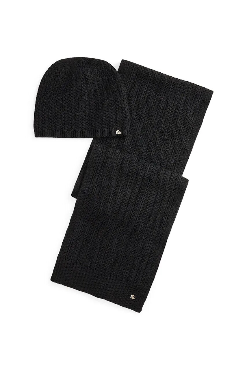 Čiapka a šál s prímesou vlny Lauren Ralph Lauren čierna farba, 454P04471