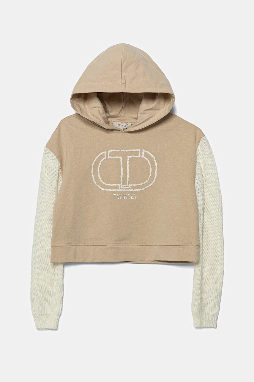 Detská mikina Twinset béžová farba, s kapucňou, s nášivkou, 252GJ206A