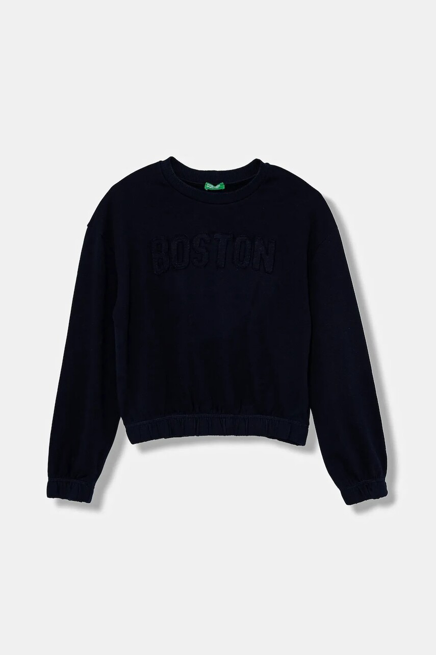 Detská bavlnená mikina United Colors of Benetton tmavomodrá farba, s nášivkou, 33NVC10Q8