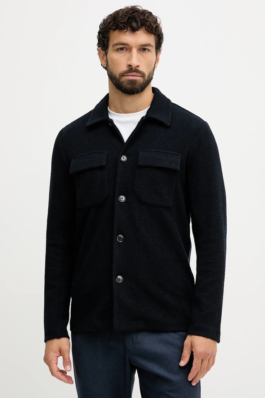 Košeľa s prímesou vlny Mos Mosh AUSTIN tmavomodrá farba, regular, s klasickým golierom, 509020