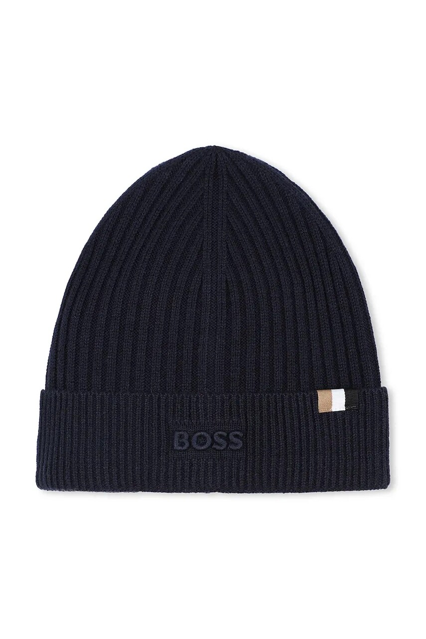 Detská čiapka s prímesou vlny BOSS tmavomodrá farba, J52650
