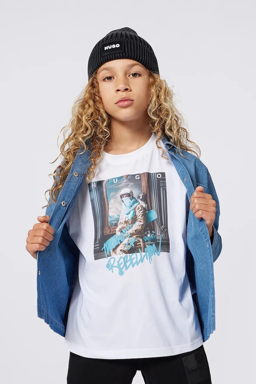 Detské bavlnené tričko HUGO biela farba, melanžová, G00442
