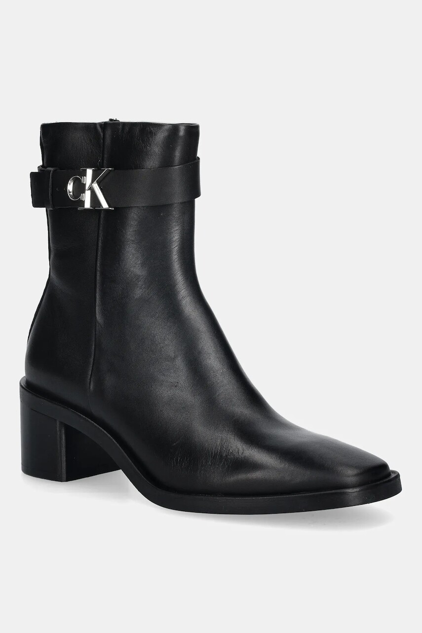 Kožené členkové topánky Calvin Klein BLOCK HEEL BOOT W/ METAL LOGO čierna farba, na podpätku, HW0HW02591