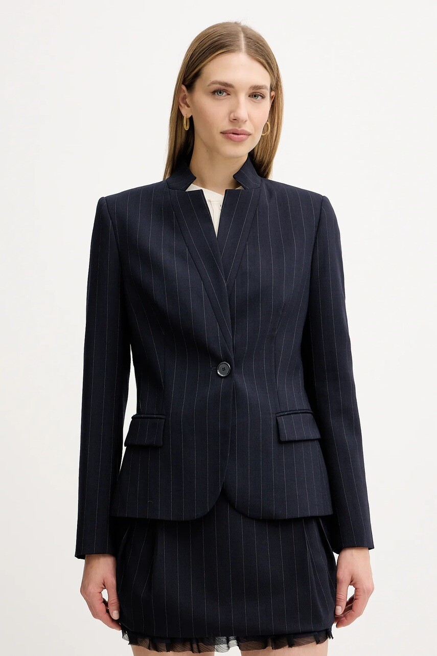 Bunda s prímesou vlny Pinko tmavomodrá farba, jednoradová, vzorovaná, 105626 A2QY