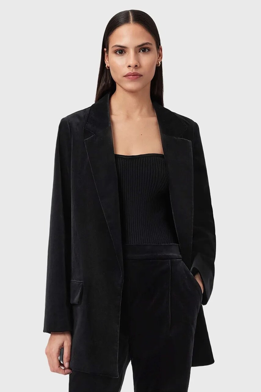 Zamatová bunda AllSaints čierna farba, jednoradová, jednofarebná, W064QD