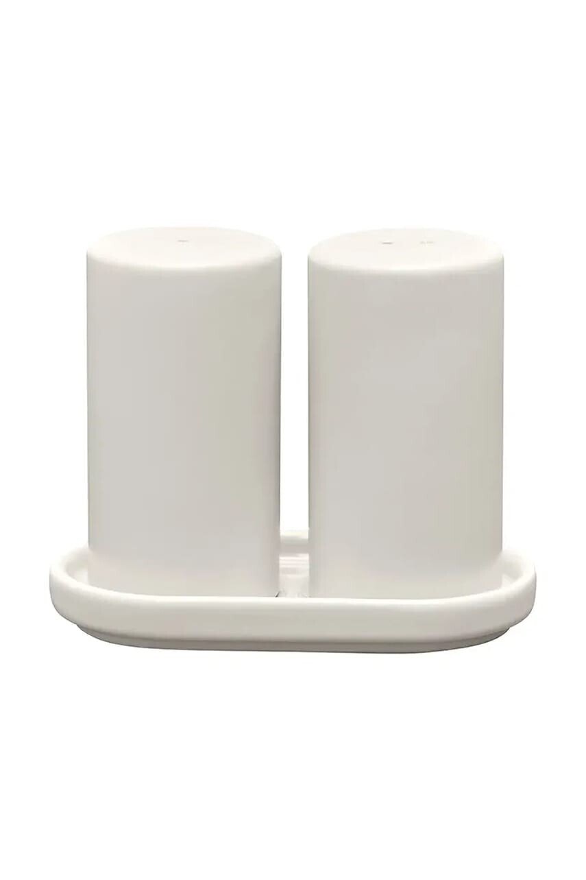 Soľnička a korenička s tanierikom Blomus Pilar 9 cm biela farba