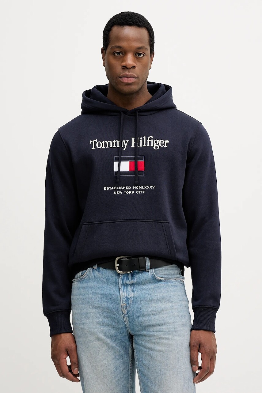Mikina Tommy Hilfiger tmavomodrá farba, s kapucňou, s nášivkou, MW0MW42735