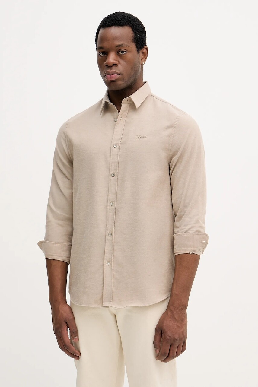 Bavlnená košeľa Guess béžová farba, regular, s klasickým golierom, M5BH26 W1961