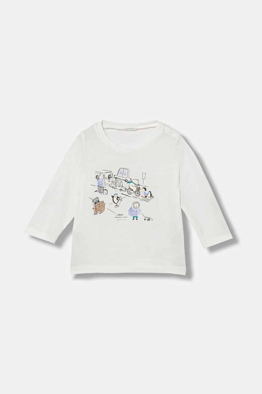 Detské bavlnené tričko s dlhým rukávom United Colors of Benetton biela farba, 3ATNA106T