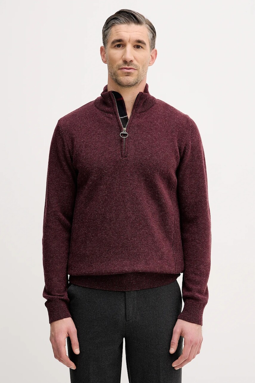 Vlnený sveter Barbour bordová farba, s rolákom, MKN0837