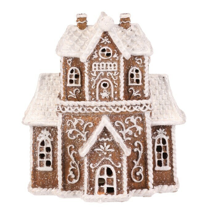 Vianočná dekorácia Perníkový domček s vežičkou, polyresin, LED, hnedá