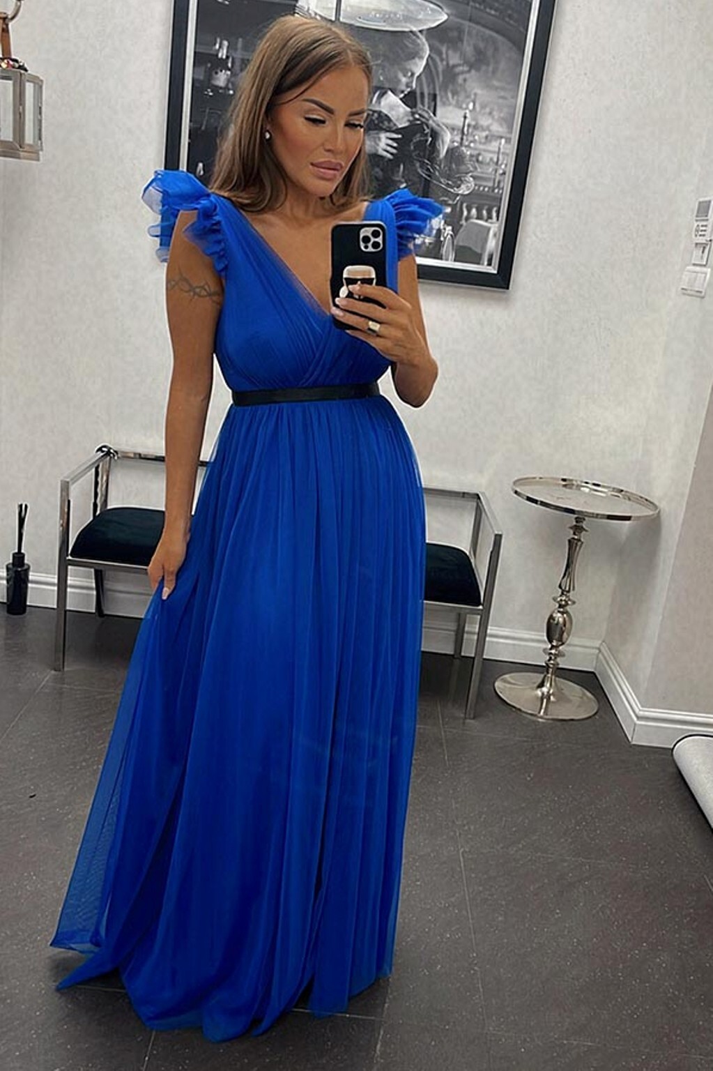 EMO Poškodený tovar - Modré tylové šaty s nariasenými rukávmi Veľkosť: M