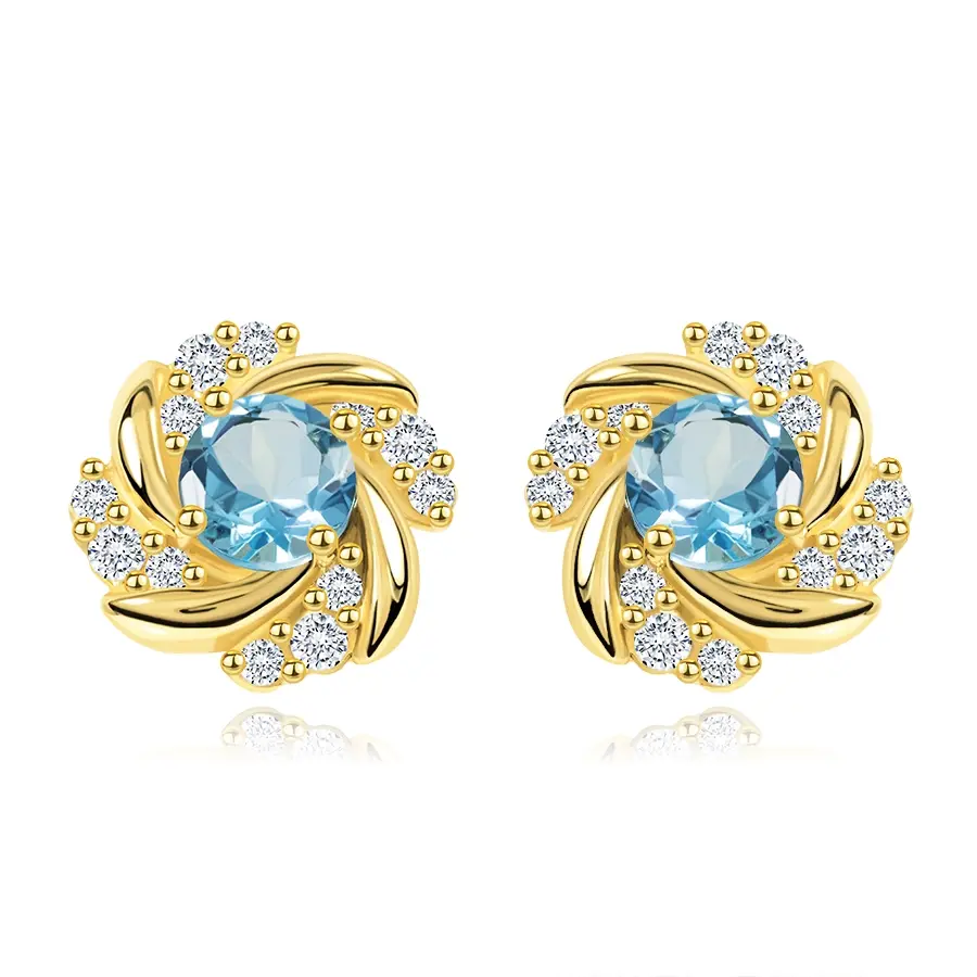 Puzetové náušnice zo žltého 14K zlata kvet s topásom a zirkónmi
