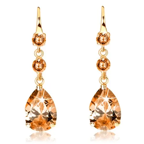 Náušnice v 14K zlate - dva okrúhle zirkóny a brúsená kvapka oranžovej farby