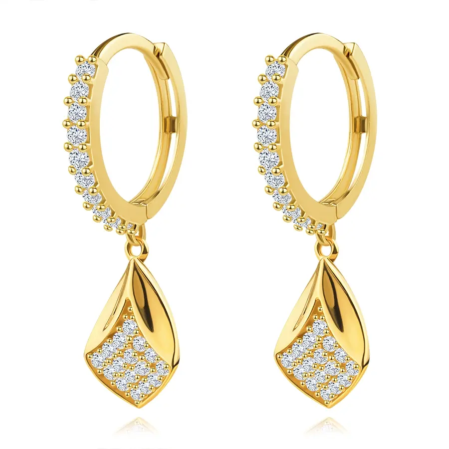 Okrúhle náušnice zo žltého 14K zlata - visiaci list, číre zirkóny