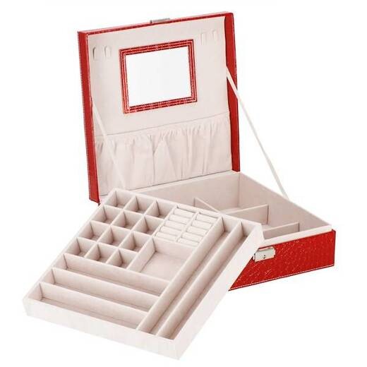 Šperkovnica s priehradkami - 26x26x8,5 cm - červená ekokoža