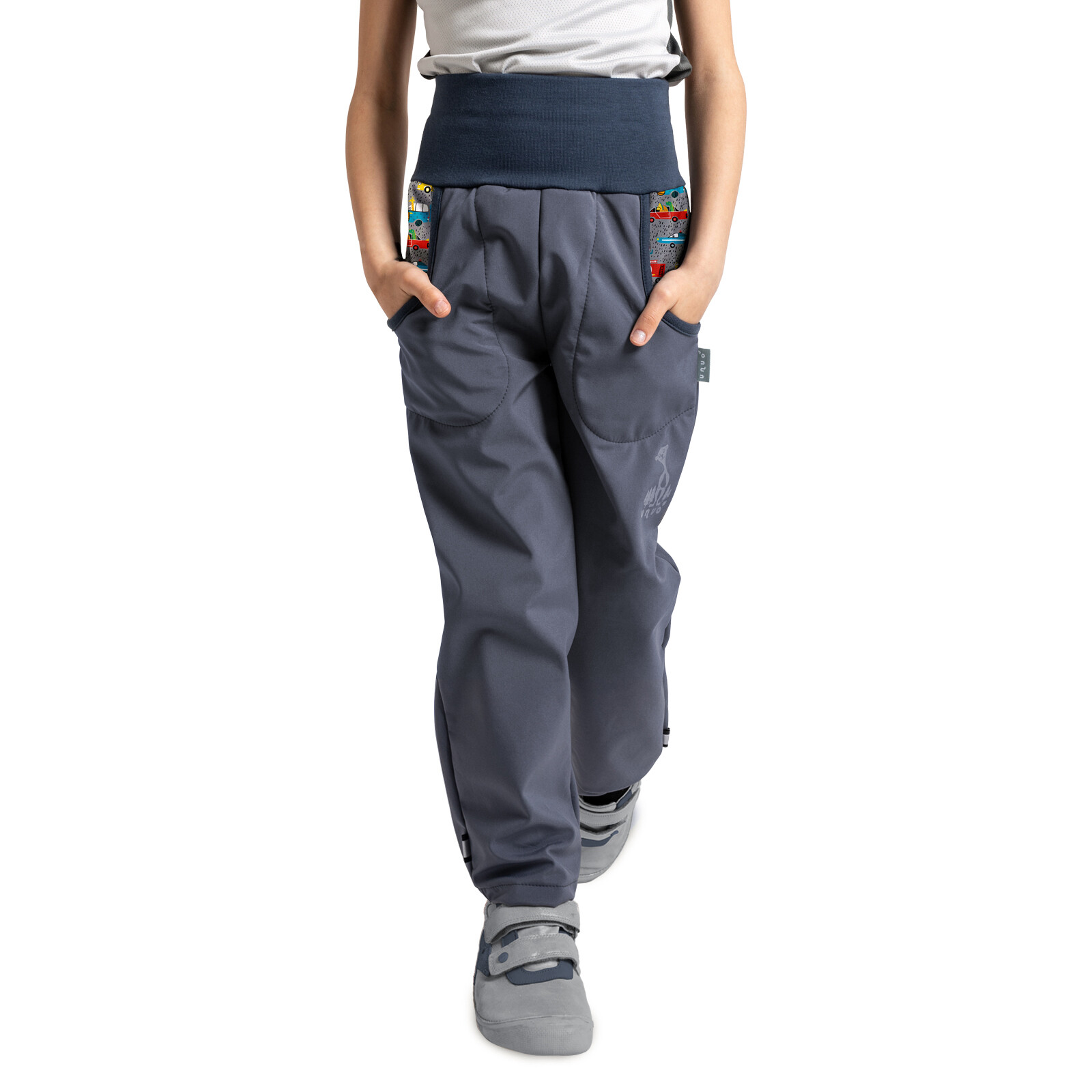 Unuo Unuo, Detské softshellové nohavice s fleecom Basic, Tm. Šedá, ZOO na výlete Veľkosť: 98/104 8596227098187