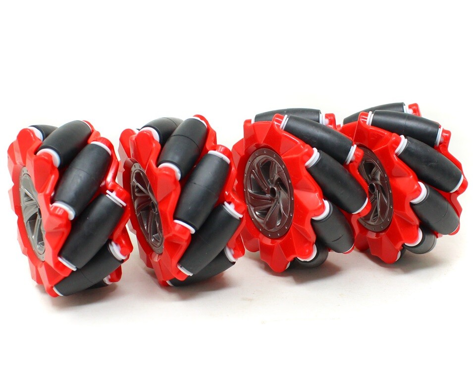 Robotické Mecanum kolesa 60 mm - sada 4 všesmerných kolies, červená (6.7 mm náboj)