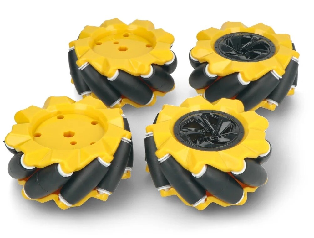 Robotické Mecanum kolesa 60 mm - sada 4 všesmerných kolies, žltá (6.7 mm náboj)