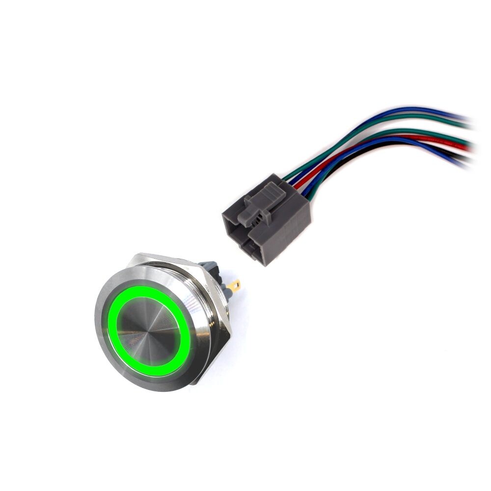 LED vodotesný spínač 30mm bez aretácie - zelené podsvietenie, 12 - 24V