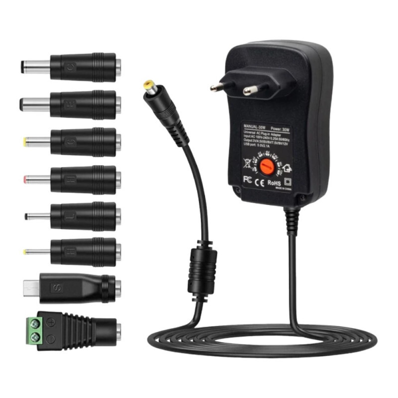 Napájací zdroj zásuvkový 3V, 4.5V, 5V, 6V, 7.5V, 9V, 12V DC, 30W, nastaviteľný