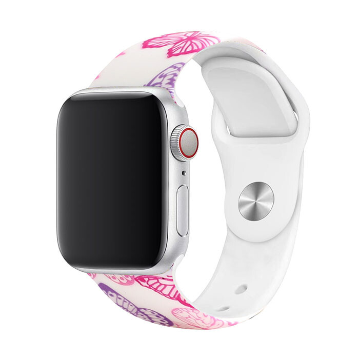 Remienok s potlačou na Apple Watch - Ružové motýle Veľkosť: 42/44/45/46/49mm, Obvod: M-L (stredný až väčší obvod zápästia), Farba: Biela