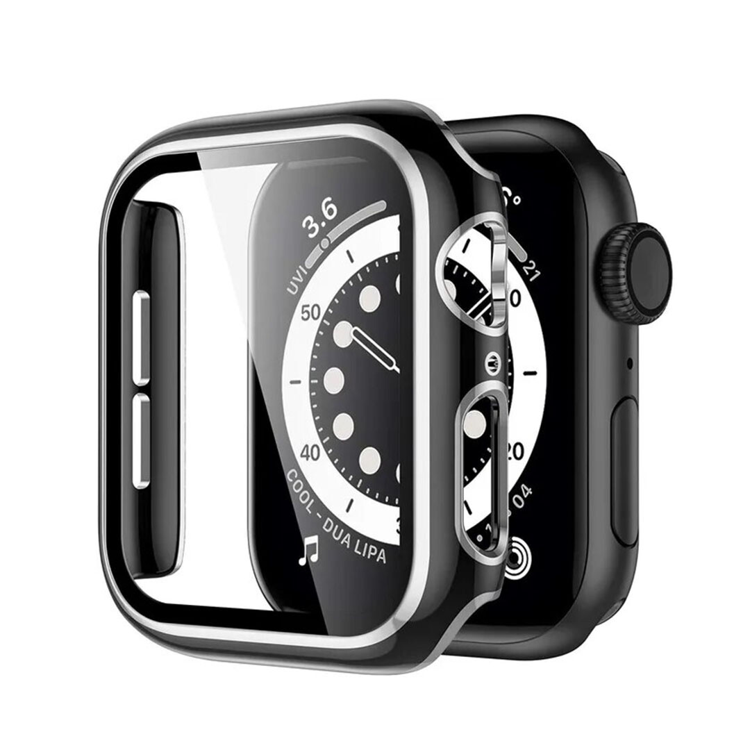 Lesklé ochranné puzdro s tvrdeným sklom - Čierne so strieborným obrysom Veľkosť: 42mm, Farba: Čierna