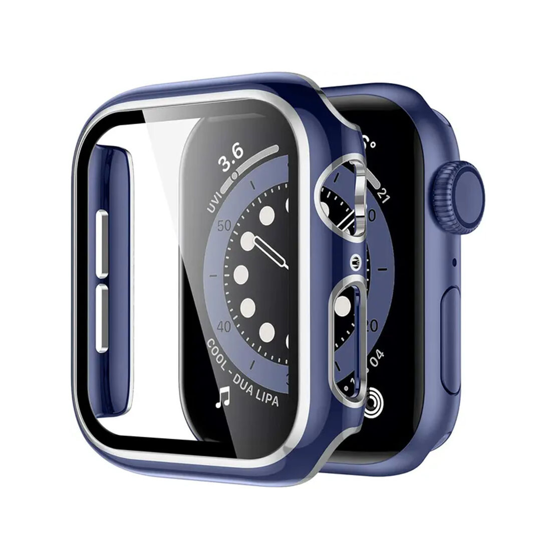 Lesklé ochranné puzdro s tvrdeným sklom - Modré so strieborným obrysom Veľkosť: 42mm (S10), Farba: Tmavo modrá