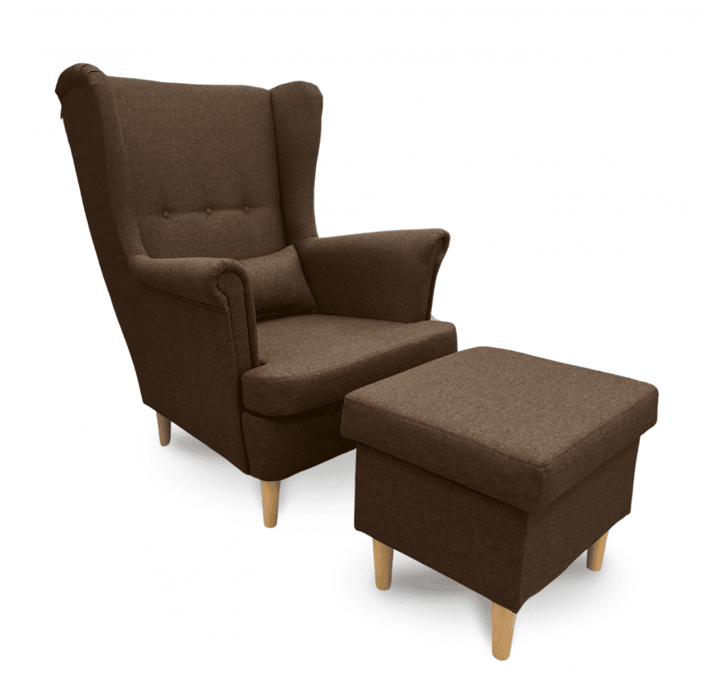 Kreslo ušiak VISBY + taburet s úložným priestorom - masív, látka, hnedá