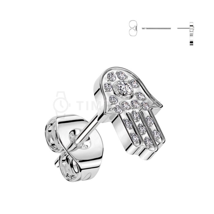 Titánové puzetové náušnice v tvare ruky Fatimy so zirkónmi - Single TS-EA-0043