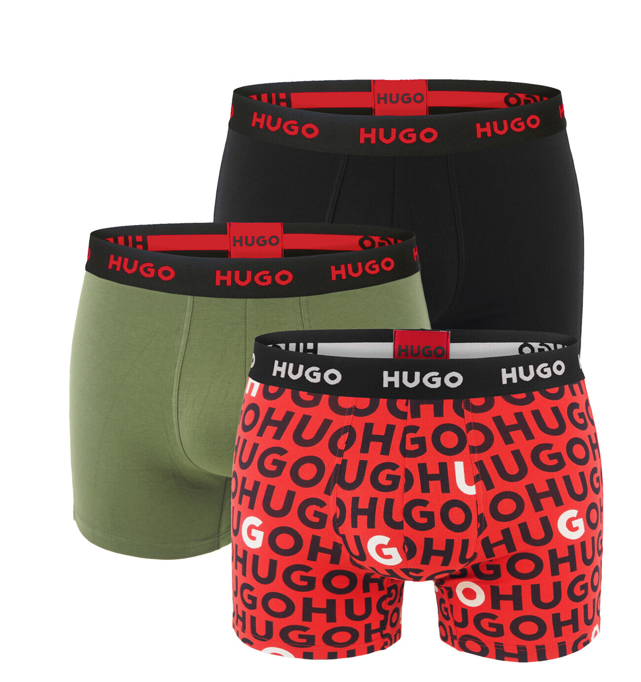 HUGO - boxerky 3PACK cotton stretch classic fit forest & red color / logo HUGO