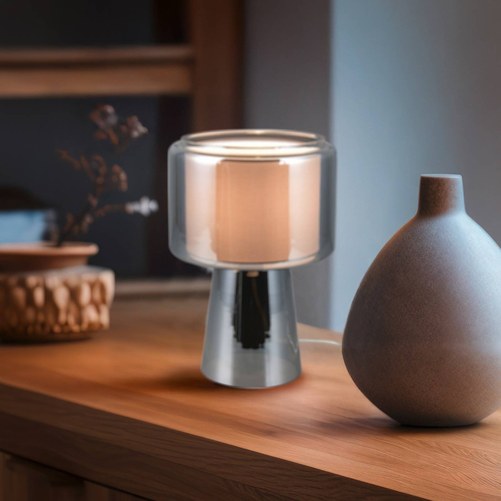 Stolová lampa Rocka, chróm, výška 29 cm, sklo/látka